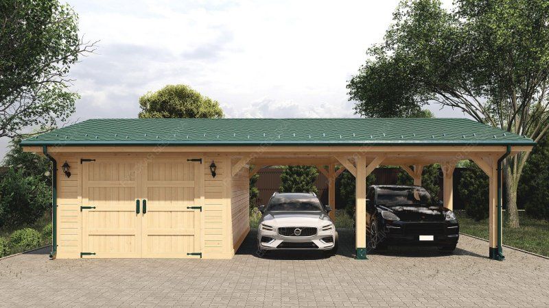 Двухскатный гараж с навесом, въезд сбоку Гаврилково